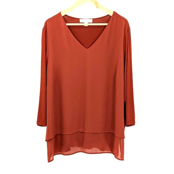 Michael Kors Layered V Neck 3/4 Sleeve Tunic Top Boho Minimal Fall Orange 2X - Picture 7 of 14